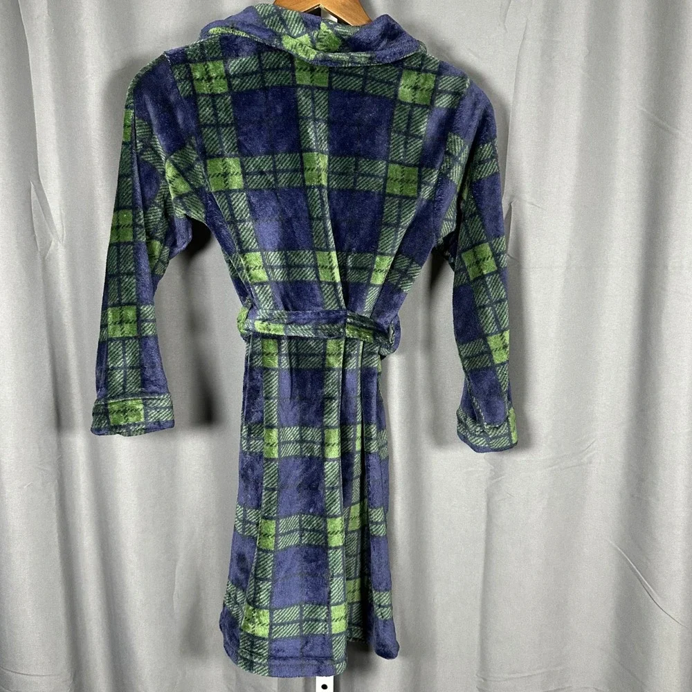 Cuddl‎ Duds Boys Medium 8 Navy Green Tartan Plaid Fleece Robe Warm Cozy Soft